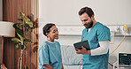 Happy, nurse and woman on hospital bed with tablet, conversation and good news for cervical cancer. Healthcare worker, mature person and smile in clinic with tech, recovery and treatment results.