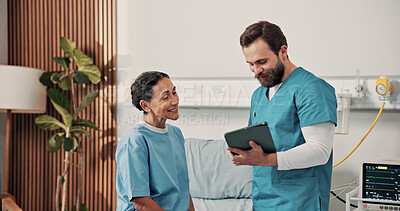 Buy stock photo Happy, nurse and woman on hospital bed with tablet, conversation and good news for cervical cancer. Healthcare worker, mature person and smile in clinic with tech, recovery and treatment results.