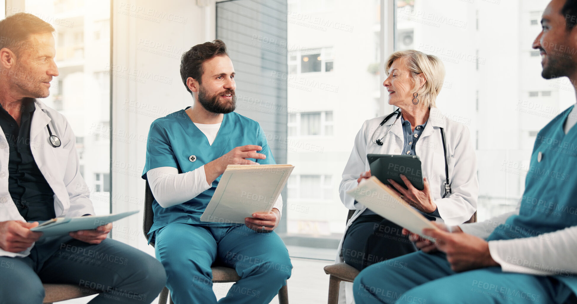 Buy stock photo Team, nurses and doctors with medical discussion, folder or clinic policy revision with tablet. Happy people, meeting or hospital collaboration for compliance update, healthcare document and workshop