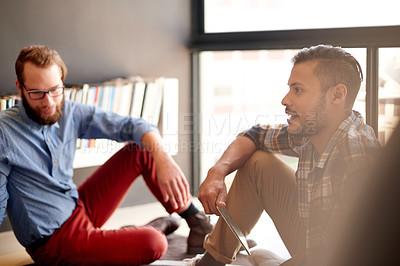 Buy stock photo Creativity, business people and men in office, tablet and planning for project, conversation and cooperation. Employees, collaboration and consulting agency with ideas, tech and design startup