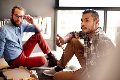 Buy stock photo Men, friends and home with tablet or food for social media, research or online connection. Male people, students or studying with planning, meal or technology for streaming or lunch break at house