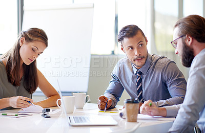 Buy stock photo Conversation, planning and business people in office, teamwork and financial agency with feedback. Employees, consultant and cooperation in meeting, laptop and discussion with budget report or advice
