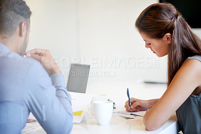 Buy stock photo Office, meeting and business people writing for planning, project strategy and feedback report. Startup, professional and workers with documents, notes and review for collaboration, teamwork or ideas
