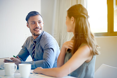 Buy stock photo Startup, company or people in discussion for teamwork, creativity or collaboration together. Development, brainstorming or employees in meeting for business feedback, planning or project management