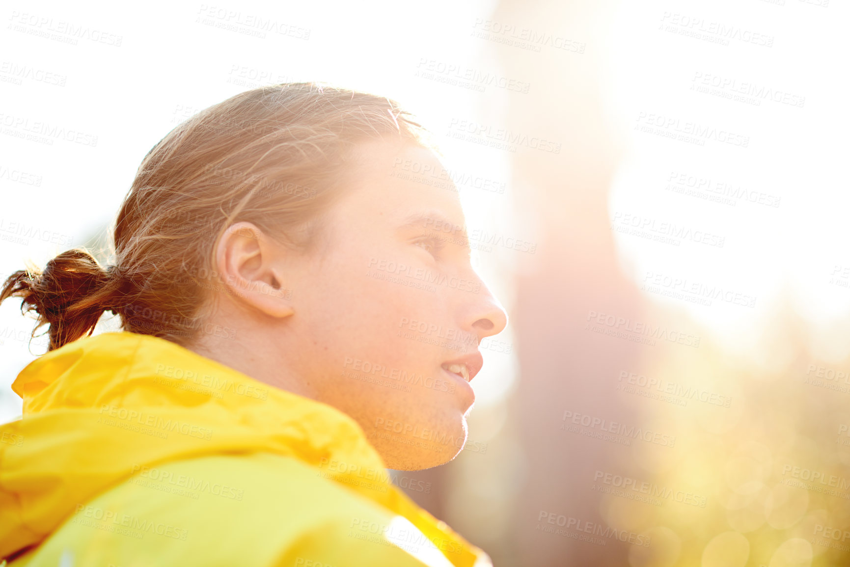 Buy stock photo Man, runner and thinking with fitness in forest, profile or outdoor with breathing on break for training. Person, rest and perspective in woods by trees for trail running, workout or exercise in USA