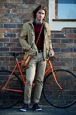 Buy stock photo Portrait, employee and man with bicycle, city and confident on urban road or eco friendly transport. Outdoor, intern and person with bike on street, travel and commuting to work, morning or Canada