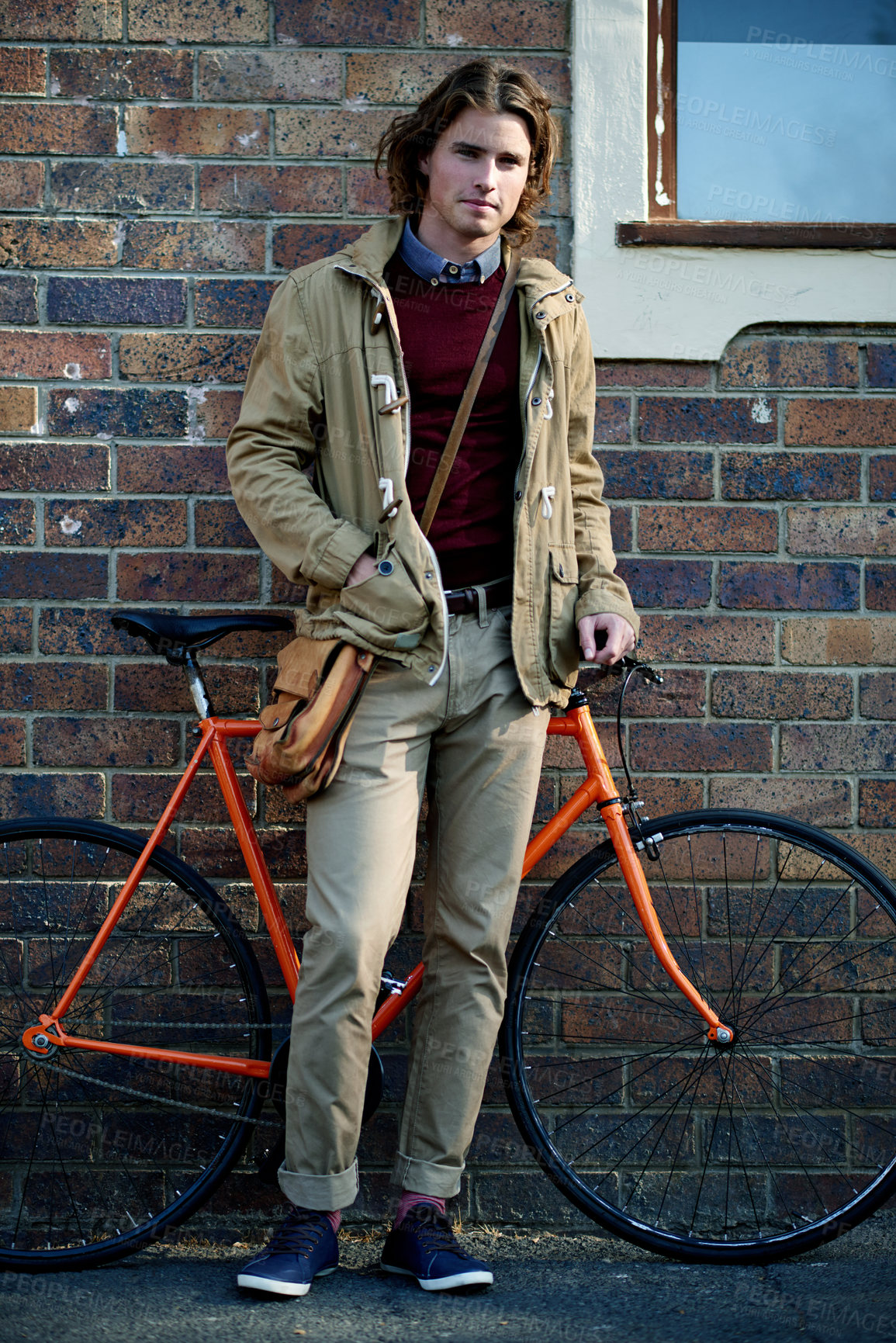 Buy stock photo Portrait, employee and man with bicycle, city and confident on urban road or eco friendly transport. Outdoor, intern and person with bike on street, travel and commuting to work, morning or Canada