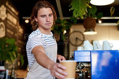 Buy stock photo Man, barista and giving coffee at cafe, beverage and sale with customer pov at restaurant for drink. Person, waiter and order with catering service for latte, cappuccino or tea with job at diner