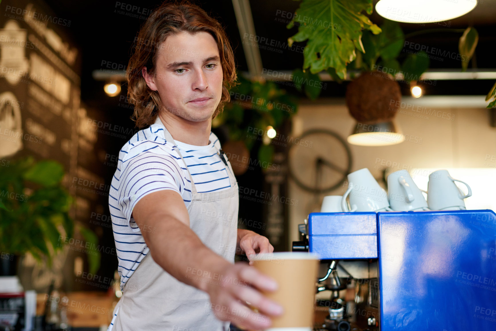 Buy stock photo Man, barista and giving coffee at cafe, beverage and sale with customer pov at restaurant for drink. Person, waiter and order with catering service for latte, cappuccino or tea with job at diner