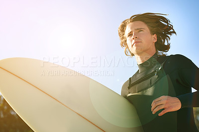Buy stock photo Running, surfing and summer with man at beach for fitness, travel holiday and adventure. Water sports, surfboard and exercise with person outdoor for surfer training, tropical vacation and hobby