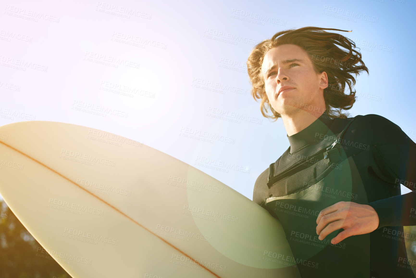 Buy stock photo Running, surfing and summer with man at beach for fitness, travel holiday and adventure. Water sports, surfboard and exercise with person outdoor for surfer training, tropical vacation and hobby