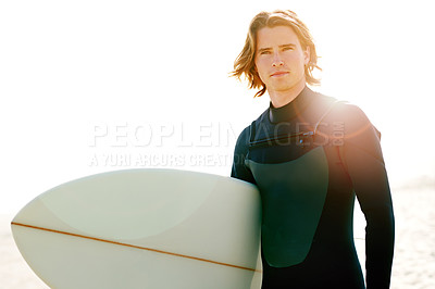 Buy stock photo Sunshine, thinking and man with surfboard by beach for surfing hobby, water sports and adventure. Flare, nature and person outdoor for summer vacation, holiday and weekend in Australia by ocean