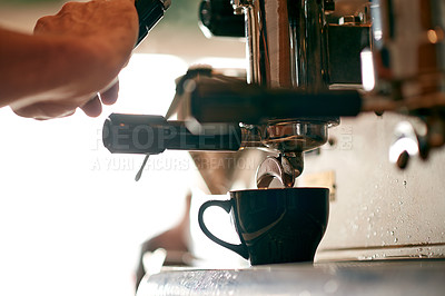 Buy stock photo Espresso, cup and machine with hands of person in cafe for hospitality, caffeine and latte beverage. Mocha brewing, cappuccino and drink with closeup of barista in coffee shop for bakery and order