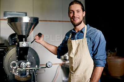 Buy stock photo Portrait, man and machine for roasting coffee with inspection, quality control or distribution. Master roaster, smile or prepare product for export, small business or supply chain in warehouse