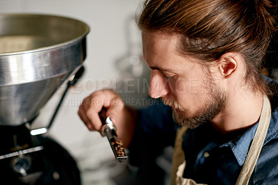 Buy stock photo Business, coffee beans and man in cafe, machine and roasting process with grinder, hospitality and industry. Person, employee and worked in restaurant, bistro and skills with caffeine knowledge
