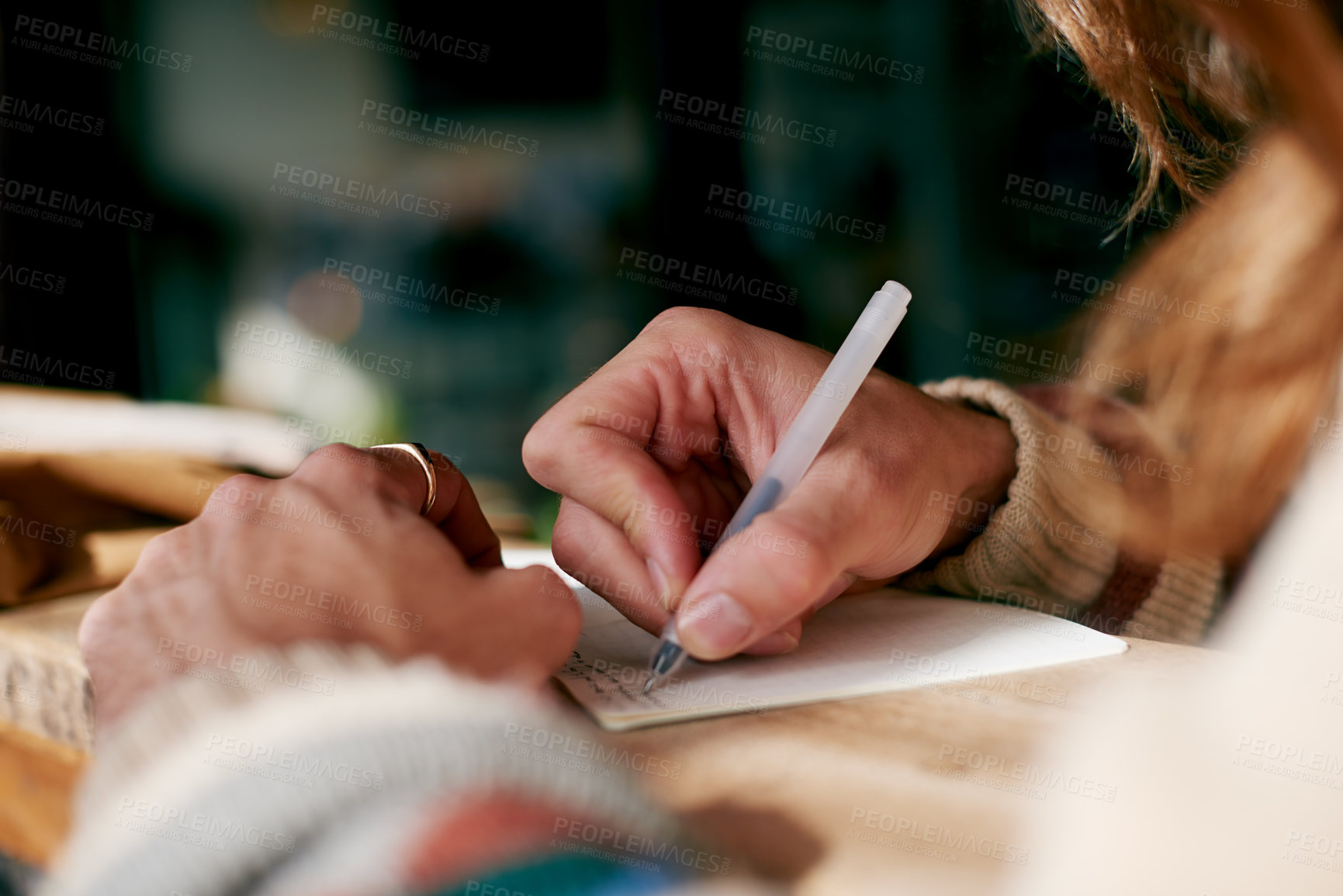 Buy stock photo Hands, person and writing in notepad in home for journal entry, planning schedule and reflection. Agenda, man and pen with notebook in house for inspirational notes, task planner and diary letter