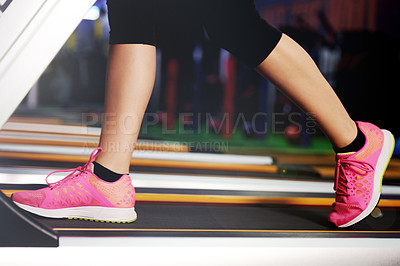 Buy stock photo Walk, legs and woman on treadmill in gym training and exercise for wellness, health or fitness. Athlete, active female person or machine for cardio, sport shoes or daily steps for workout or energy
