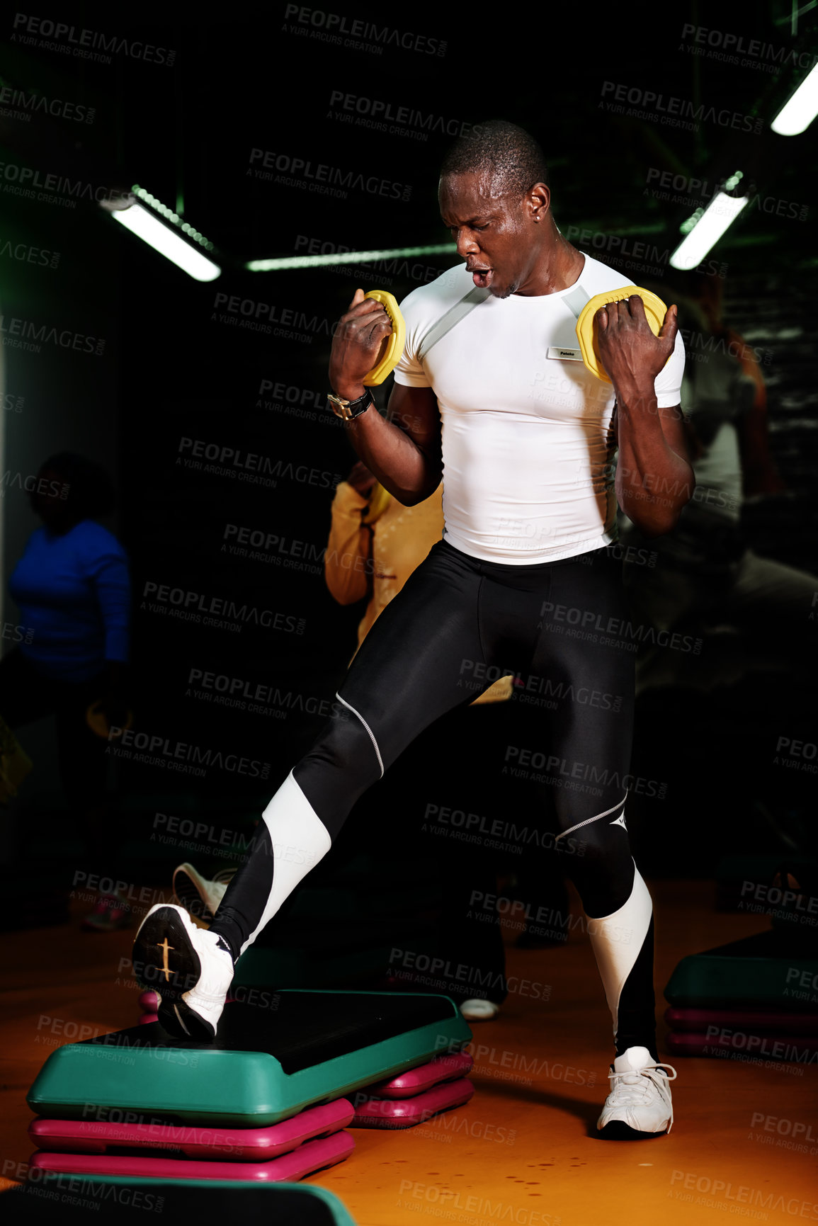 Buy stock photo Fitness, sweating and black man with weight equipment for training, legs workout or core in club. Strong, intensity and athlete in studio to carry gym gear for cardio wellness, body health or balance