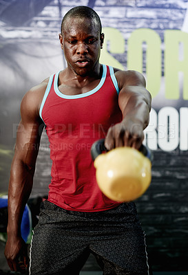 Buy stock photo Fitness, black man or kettlebell workout at gym for strength training, power or muscle development. Health club, athlete and sweat with weights for endurance challenge and intense functional exercise