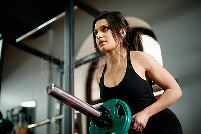Buy stock photo Fitness, weights and woman in gym for workout, bodybuilder training and muscle exercise. Serious, weightlifting and person with equipment for strength, wellness and strong arms in sports center