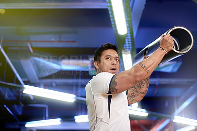Buy stock photo Training, fitness and tube with man in gym for metal equipment, bodybuilder and challenge. Health, athlete and wellness with strong person in sports club for weightlifting, exercise and muscle