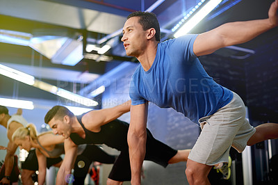 Buy stock photo Team, workout and class with man in gym for training bootcamp, bodybuilder and fitness coaching. Health challenge, wellness and muscle with group of people in sports club for exercise and friends