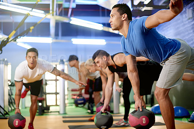 Buy stock photo Fitness, weights and people balance in gym for workout, strength exercise and bodybuilder training. Sports class, personal trainer and group with equipment for muscles, challenge and wellness