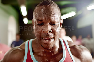 Buy stock photo Man, sweating and fitness in gym with exercise class for health, endurance training and action. Intense, challenge and person with breathing, athlete for workout or physical activity at sports center