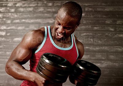 Buy stock photo Dumbbell, workout and fitness with black man in gym for bodybuilder, training and muscle challenge. Exercise equipment, power weightlifting and intense athlete with person in sports club for wellness