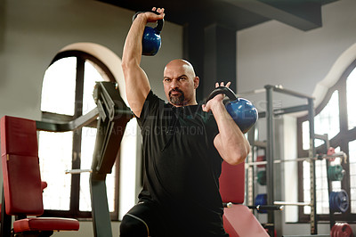 Buy stock photo Kettlebell, exercise and man with weights in gym for bodybuilder training, intense workout and fitness. Sports, strong and person with weightlifting equipment for strength, challenge and muscles