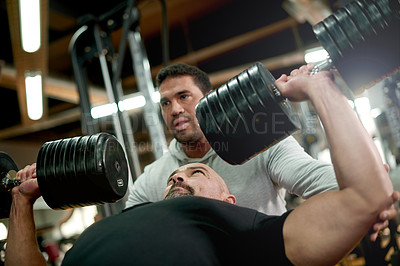 Buy stock photo Personal trainer, weightlifting and man in gym for exercise, fitness and bodybuilder training. Sports, coach and people with barbell equipment for bench press, muscle strength and workout challenge