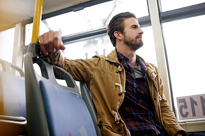 Buy stock photo Travel, thinking and man on bus for journey, morning commute and trip on vacation. Public transport, passenger and person with thoughts, vision or daydreaming on holiday for tourism with reflection
