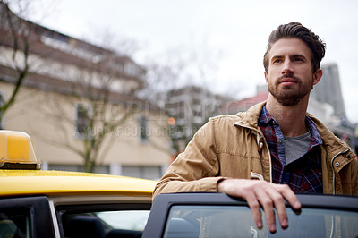 Buy stock photo Car door, destination and taxi with man in city for arrival at location of holiday or vacation. Cab, ride share and travel with person outdoor in urban town for commute as transport passenger