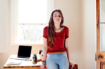 Buy stock photo Portrait, girl and student at desk in home for remote learning, studying and distance education on laptop. College, relax and teenager with confidence, attitude or break on computer at university