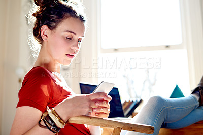 Buy stock photo Girl, relax or student with phone in home for social media, university registration and study portal. Teenager, online or mobile app for sign up with education login, campus blog and college schedule