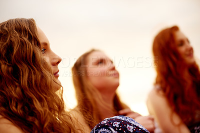 Buy stock photo Group, friends and women at beach for holiday, travel and vacation for bonding together. Girls, break and gen z people relax with weekend, gathering and ocean trip in Miami for summer adventure