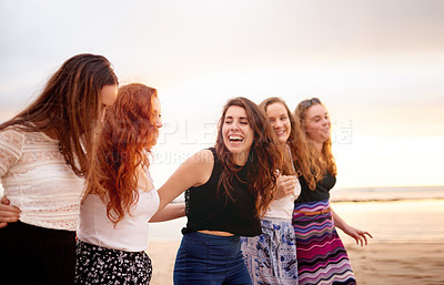 Buy stock photo Group, laugh and women on vacation, beach and hug with friends in nature, reunion or happy on break. Outdoor, adventure and people on summer holiday, space and bonding on weekend, getaway and sunset