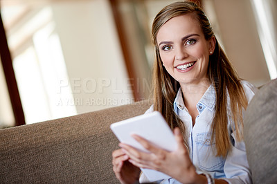 Buy stock photo Download, portrait or happy woman on tablet in home for online news, research or social media article. Ebook, blog subscription or girl on touchscreen technology for streaming choice on web to relax