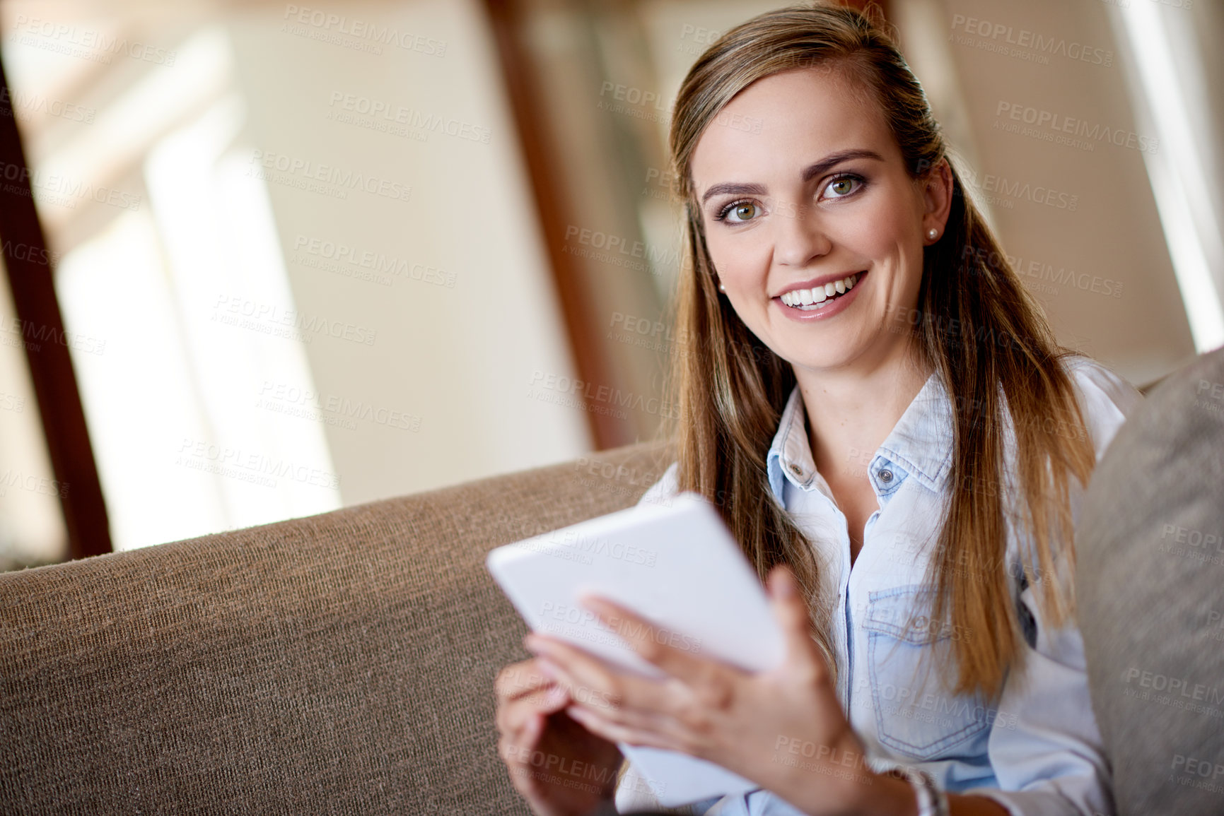 Buy stock photo Download, portrait or happy woman on tablet in home for online news, research or social media article. Ebook, blog subscription or girl on touchscreen technology for streaming choice on web to relax