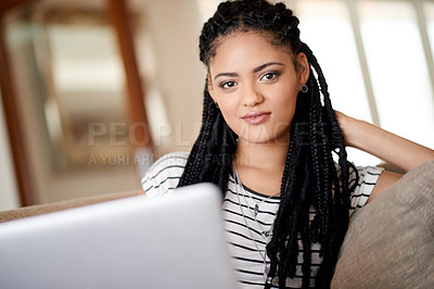 Buy stock photo Portrait, student and laptop with woman on sofa for scholarship application, reading and online course. College tuition, financial aid and University credits with person in living room of home