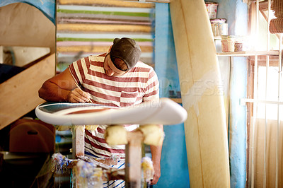 Buy stock photo Design, drawing or man in surfboard workshop for hobby, maintenance or manufacturing. Artistic production, paint or creative wooden craft in small business for surfing equipment or renovation process