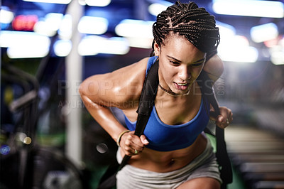 Buy stock photo Athlete, woman and pull for fitness at gym for exercise, intense workout and body strength. Female person, bodybuilder and weight equipment for endurance training, muscle growth and power performance
