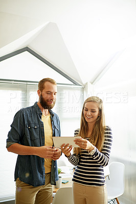 Buy stock photo Business people, team and meeting with tablet for planning, social media marketing or feedback. Technology, smile or collaboration in creative startup for campaign discussion, ads or review in office
