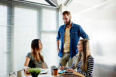 Buy stock photo Collaboration, meeting and planning with designer people in office together for brainstorming. Conversation, creative and design with employee team in business workplace for discussion or strategy