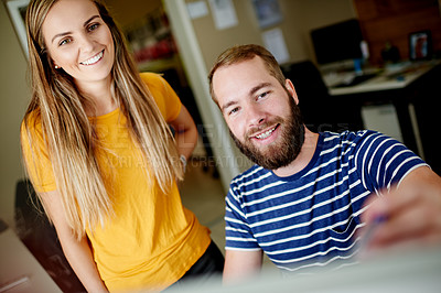 Buy stock photo Happy, creative and people writing in office for planning, story ideas and schedule update. Woman, man and notes for brainstorming, article feedback and project information for publication deadline