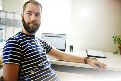 Buy stock photo Man, budget planner and laptop with documents in home for financial planning, accounting or report. Male person, thinking and vision with computer or paperwork for startup expenses or investment