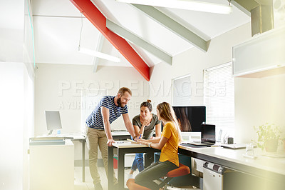 Buy stock photo Team, notebook and planning with business people in meeting for discussion, brand strategist and startup. Campaign review, collaboration and feedback with employees in office for creative agency