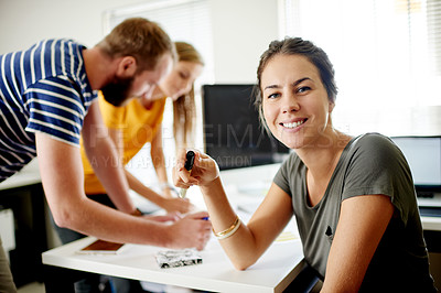 Buy stock photo Team, portrait and meeting with business woman in startup for planning, brand strategist and smile. Campaign review, collaboration and feedback with group of employees in office for creative agency