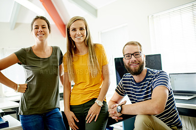 Buy stock photo Portrait, group and creative people in office for career pride, about us and journalist at agency. Smile, staff and confidence for teamwork, media reporter and news publication in coworking space