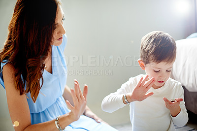 Buy stock photo Education, mom and kid with counting, game and learning in house bedroom with fun. Conversation, woman and playing with son in home for bonding, teaching and child development with support together